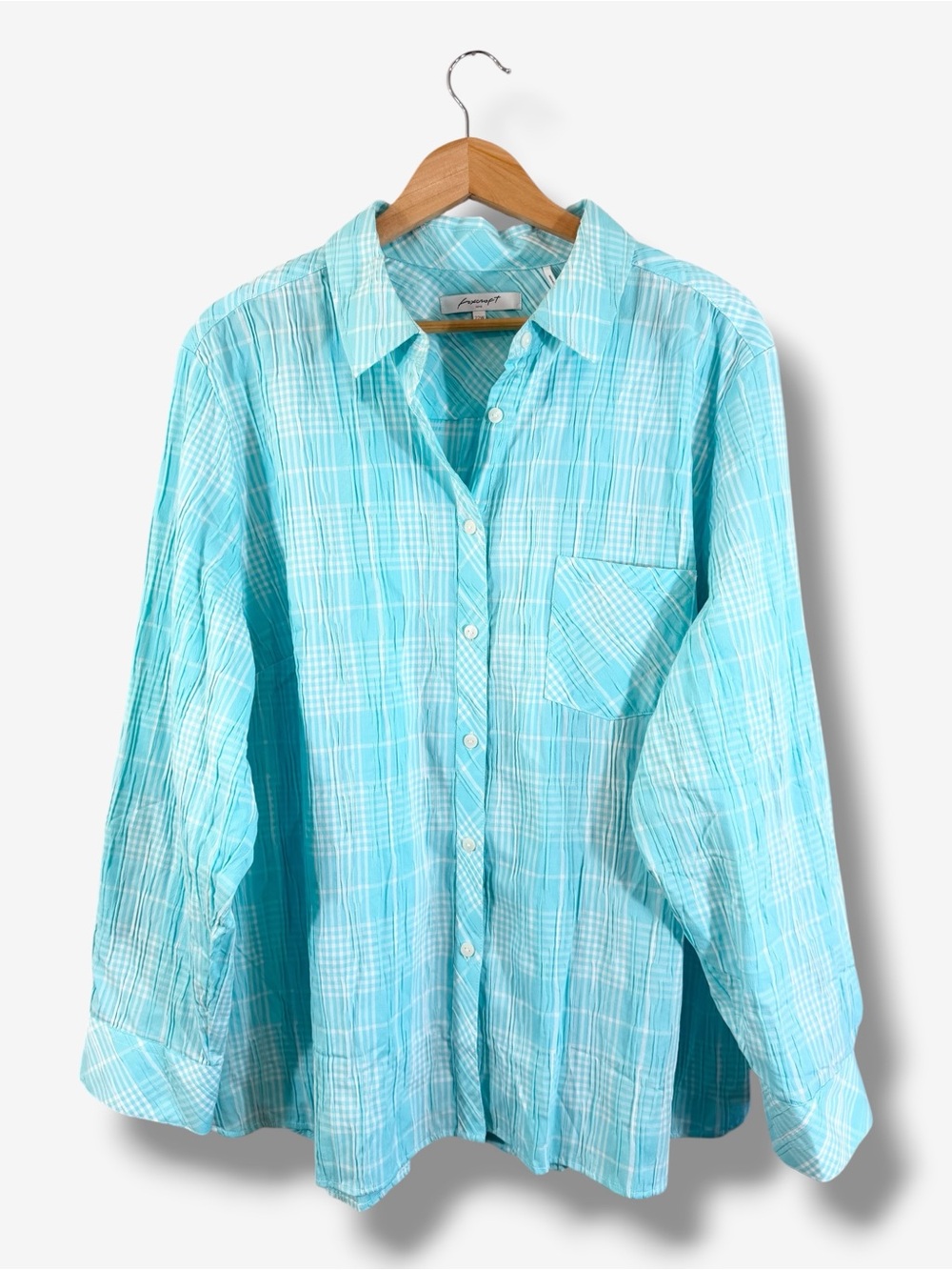 Foxcroft Blue Crinkle Gauze Button Down Shirt 22W Plaid Roll Tab Sleeve